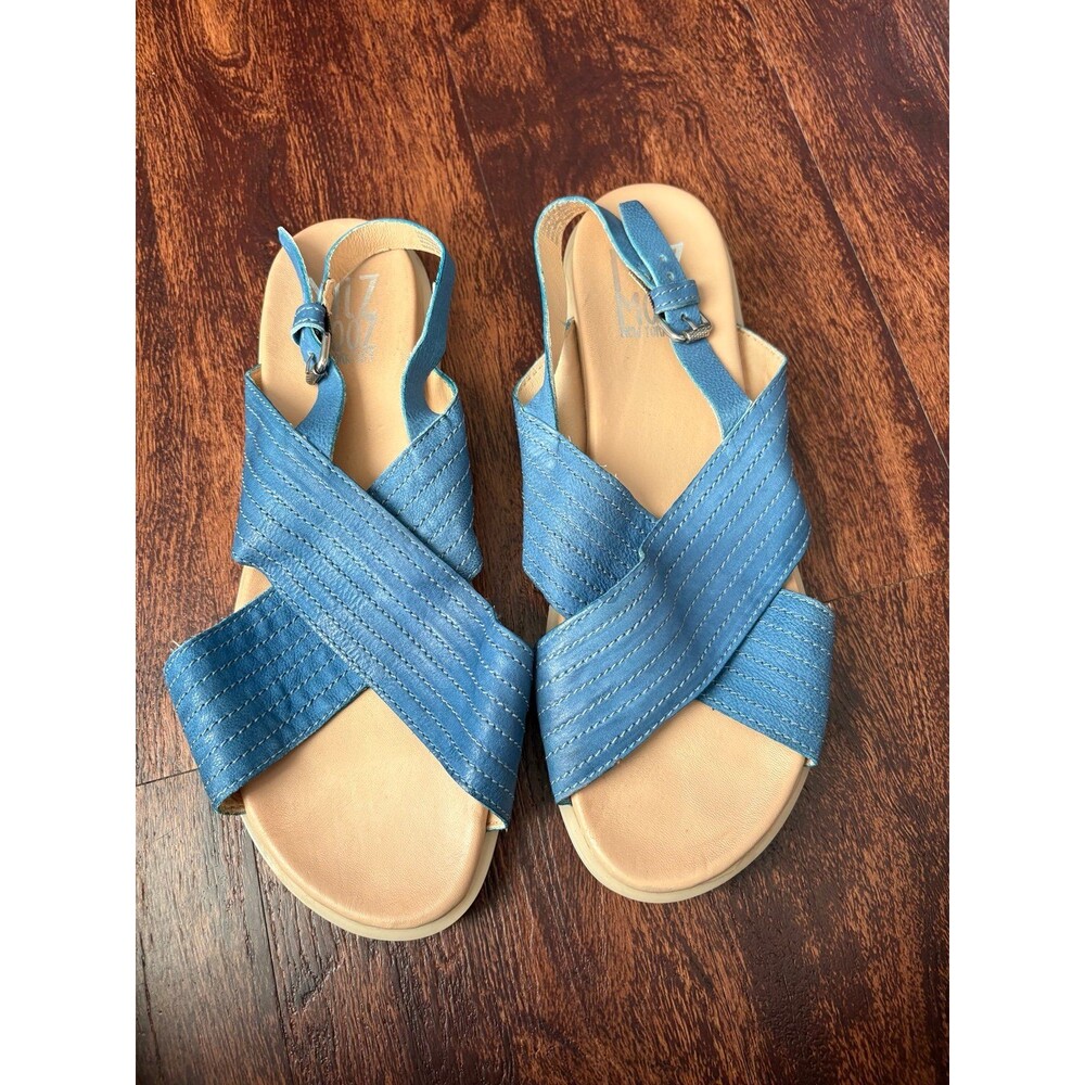 Miz Mooz Blue Leather Crossover Slingback Sandals Womens Size 42 Flat Buckle